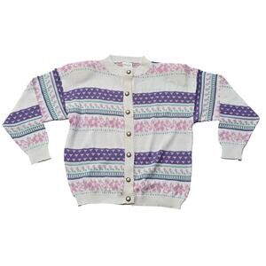 Vintage Abstract Floral Pastel Cardigan Sweater Gold Button Shoulder Pads